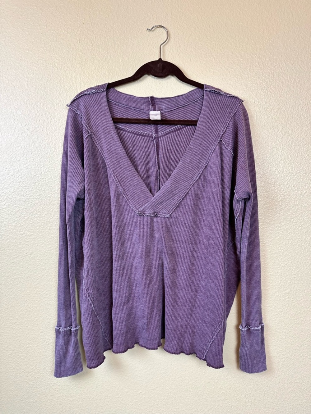 We the Free People Oversized Thermal Purple V-Neck Ribbed Knit Top